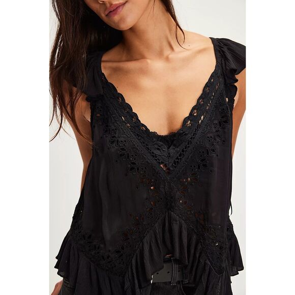 Free People Sensual Cassidy Cutwork Blouse Tank Top Embroidered Black L 283343 - Picture 2 of 8